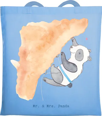 Produktbild von Mr. & Mrs. Panda Jutebeutel Panda Klettern - Sky Blue - Geschenk, Tote Bag, Tasche, Klettersport, Stoffbeutel, Kletterhalle, Schultasche, Bouldern, Shopping