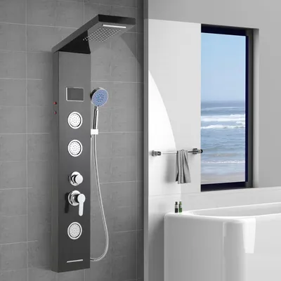 Immagine prodotto di Bettizia sistema di pannelli doccia pannello doccia in acciaio inox nero titanio colonna doccia con 5 modalità doccia set doccia pannello doccia a torre con doccia a pioggia (nero)