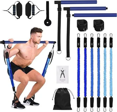 Produktbild von Famanu Pilatesbarset mit Widerstandsbändern - Tragbare 3-teilige Fitnesslösung