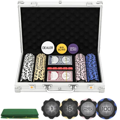 Image de Set de poker - Mallette de poker verrouillable - 200 jetons en céramique - Jeu de cartes - 5 dés - Multicolore