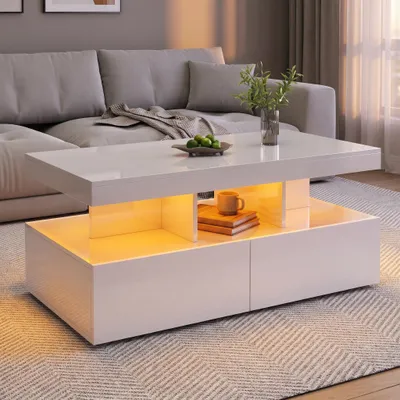 Productafbeelding van INONEFT Salontafel met hoogglansafwerking en LED-verlichting, moderne salontafel met opbergruimte en 2 lades, 104x53x46 cm, wit