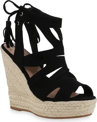 Produktbild von VAN HILL Damen Bast Keilsandaletten Cut-Outs Quasten Sommer Schuhe 816039, Farbe: Schwarz, Größe: 35