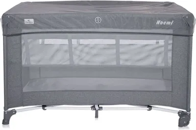 A gray portable crib or playpen.