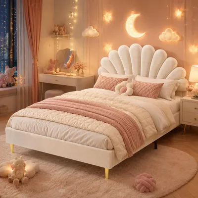 Immagine prodotto di Letto per bambini INONEFT, imbottito, 140x200 cm, letto a due piazze a forma di principessa con rete a doghe, letto per adolescenti con testiera a forma di conchiglia, velluto beige, letto per bambine, productTiles.product.images.aiGenerated