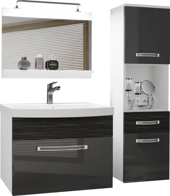 Produktbild von BELINI Badmöbel Vollausstattung Set Waschbeckenschrank, Hochschrank, Waschbecken, Spiegel, Lampe (Silber / Ebenholz Royal, Glänzend und Matt)
