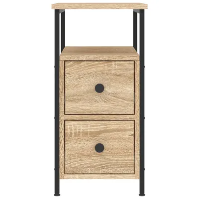 A product shot of a wooden nightstand with two drawers and a shelf.