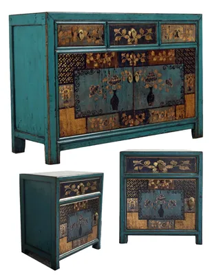 Produktbild von Chinesische Möbel Kombination Schlafzimmer Vintage blau Sideboard Schrank Kommode & 2 Nachttische Nachtschränke orientalisch asiatisch fernöstlich