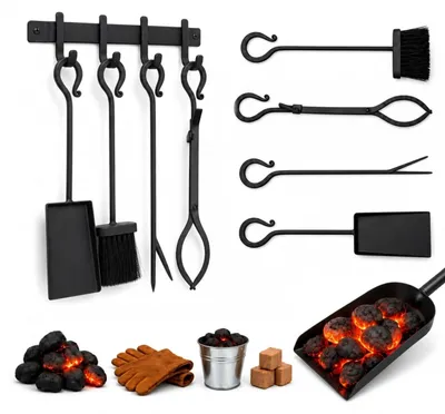 Image de Ensemble d'accessoires pour cheminée Relaxdays, 5 pièces : tisonnier, pelle, balayette à cendres, pince à feu, support mural, ensemble pour poêle, noir, Image générée par une IA