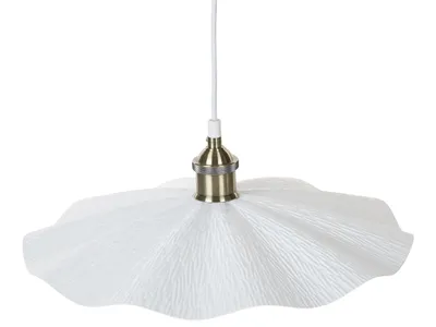 A white pendant lamp with a brass fitting, isolated on a white background.