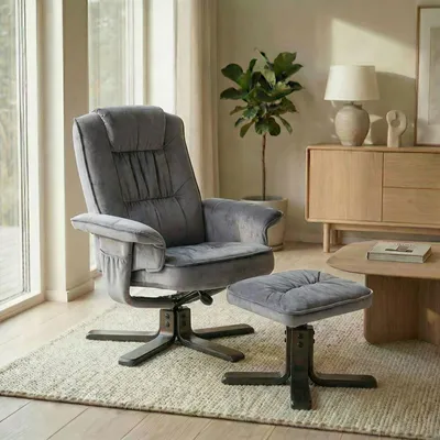 Produktbild von Relaxsessel CHARLES mit Hocker, Fernsehsessel Liegesessel TV Sessel Relaxstuhl Entspannungssessel, mit Samtstoff in grau