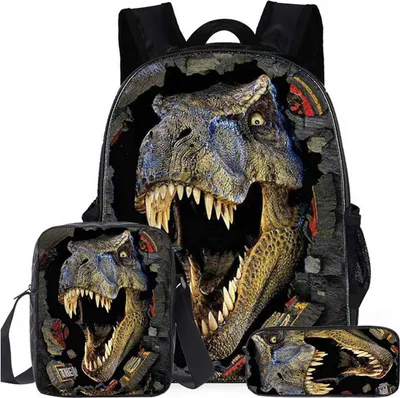 Image de 16 pouces Cool T-Rex Dinosaur Print Garçons Filles Sac à dos scolaire Sac à bandoulière, boîte à lunch, sac à crayons Set de 3 pièces / Type A.