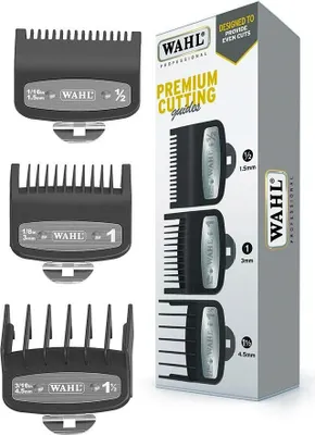 A product packaging box for Wahl Premium Cutting Guides, with the guides themselves displayed on the left.