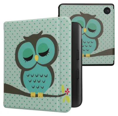 Produktbild von kwmobile Schutzhülle für Kobo Kobo Libra Colour / Tolino Vision Color Hülle - eReader Flip Case mit Auto Sleep Funktion - Eule Schlaf mit Türkis Braun