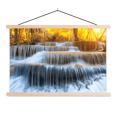 Produktbild von MuchoWow® Textilposter Wasserfall - Natur - Bäume - Herbst - Landschaft 120x80 cm mit holzfarbenen Rahmen - Aufhängeset