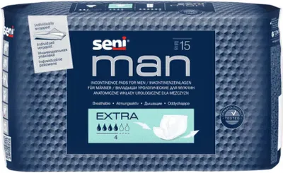 A package of Seni Man incontinence pads.