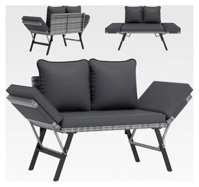 Produktbild von Gartenbank aus Polyrattan mit Liegefunktion – 2-Sitzer Gartensofa mit verstellbaren Armlehnen, wetterfestes Outdoor Sofa für Garten, Balkon und Terrasse, Grau
