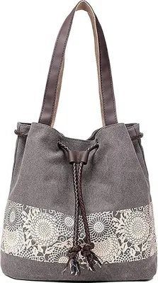 Produktbild von Damen Handtasche Canvas Schultertasche Umhängetasche Damen Shopper Tasche Schöne Vintage Henkeltasche Beuteltasche (Grau)