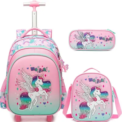 Immagine prodotto di Zaino da scuola con rotelle modello trolley, per bambine, set da 3 pezzi che include zaino, borsa per il pranzo e astuccio, ideale per la scuola elementare