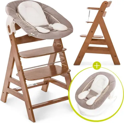 A collage showing a wooden high chair with a newborn set attached, a separate view of the high chair frame, and a close-up of the newborn set.