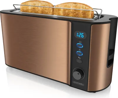 Produktbild von Arendo Toaster 2 Scheiben, Langschlitztoaster, Langschlitz, Edelstahl, 1000W, Display mit Restzeitanzeige, Brötchenaufsatz, Defrost Funktion, Wärmeisolierendes Gehäuse, kupfer