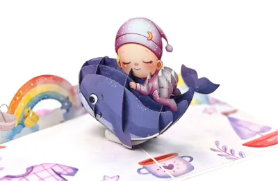 Image de carte de voeux pop-up 3D "Bébé sur une baleine" - pastel arc-en-ciel & étoiles - faite main, avec enveloppe blanche