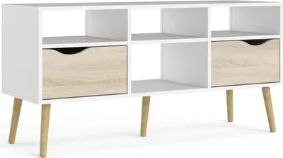 Produktbild von TV-Ständer mit 4 Ablagen und 2 Schubladen – Weiß/Eiche – 117 x 39 x 57,4 cm