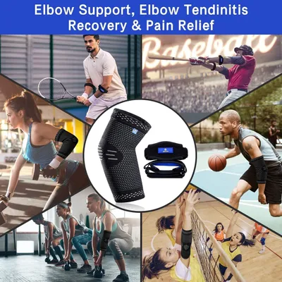 Productafbeelding van Elleboogbeschermer met compressie, 1 stuk, inclusief 2 tennisbanden, geschikt voor sport en fitness