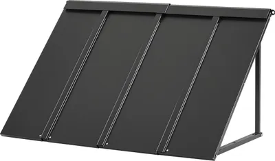 A black metal awning with a triangular steel frame, shown from a slightly elevated front-left angle against a white background.