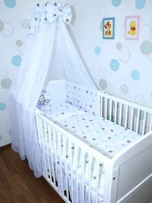 Produktbild von Primawela Baby Bettwäsche Set mit Applikation- 6 teiliges Set mit Chiffon Himmel Bettset Nestchen- 20.Bärchen Mond-Star Blau