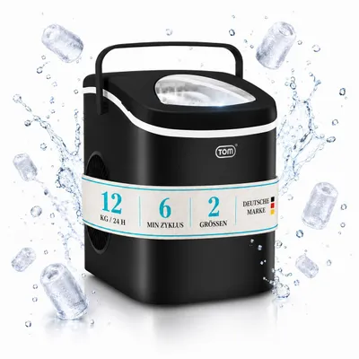 Produktbild von Eiswürfelmaschine Eiswürfelbereiter Schwarz 1,3 Liter mit Eiszange TOM | 12kg / 24h | 2 Größen | LED-Display | Herausnehmbarer Eiswürfelkorb