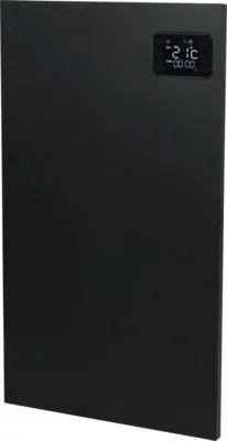 A black electric heater with a digital display.