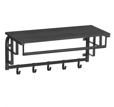 Produktbild von Wandregal mit Garderobenhaken, Kleiderstange zur Wandmontage im Industrial Design, Flurgarderoben Set aus Vintage Holz mit Metall, schwarz, Maße B 66 cm x H 27 cm x T 30 cm