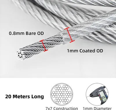Produktbild von Drahtseil Edelstahl 18m/ 3mm, Stahlseil ummantelt, 304 Edelstahl, Edelstahlseil Stahlseil Stahldrahtseil Drahtkabel Kabelseil Stahlkabel 1mm, 20m