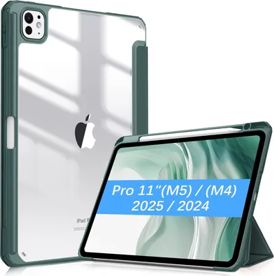 Produktbild von Fintie Hybrid Hülle für iPad Pro 11 Zoll (M5/M4) 2025/2024 mit Stifthalter - Stoßfeste Schutzhülle Case mit transparenter Hartschale auf der Rückseite, Nachtgrün