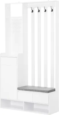 Image de OKWISH Vestiaire d’entrée - Meuble d’entrée avec Banc Capitonné, Crochets et Rangement Chaussures, Panneau Perforé, MDF - 100x35x180 cm, Blanc