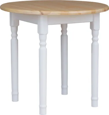 A round wooden table with white legs against a white background.