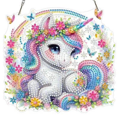 Image de Tableaux à peindre en strass, motif licorne, décorations pour fenêtres, double face, avec chaîne, idéales pour les cadeaux et la décoration