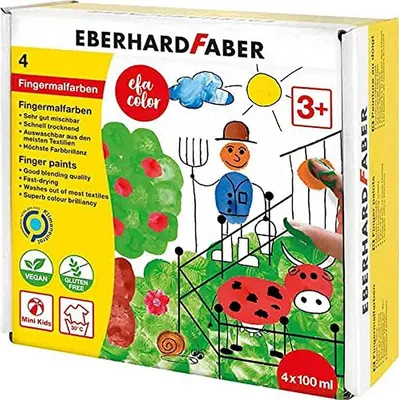 Produktbild von Eberhard Faber 578804 - EFA Color Fingerfarben-Set mit 4 Farbtöpfchen zu je 100 ml, schnelltrocknend und auswaschbar, zum Mischen und für kreativen Malspaß