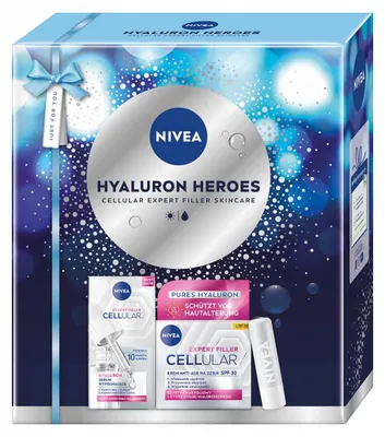 Obrázok produktu pre Darčeková sada Nivea Hyaluron Heroes: sérum, krém s SPF 30, balzam na pery Nivea
