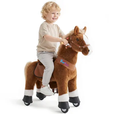 Produktbild von PonyCycle Reitpferd auf Rollen für Kleinkinder 3-4 Jahre mit Bremse und sound/76cm Höhe Pony-Fahrradfahrt auf braunem Pferd Plüschtier Stofftier Ux324