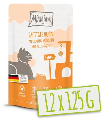 Zdjęcie produktu dla MjAMjAM 4260512870706, Dorosły, Każda rasa, Marchewkowy, Kurczak, 125 g, Nie zawiera ziarna