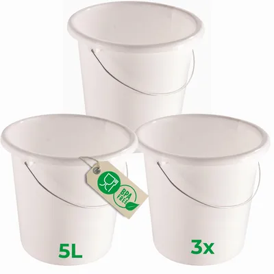 Produktbild von Novaliv 3 Stück Eimer 5L Weiß mit Maßeinteilung - Putzeimer 5 Liter ⌀ 22,5 cm Praktischer Allrounder mit Skala für Haushalt & Garten ideal als Haushaltseimer, Wassereimer, Wischeimer, Bucket