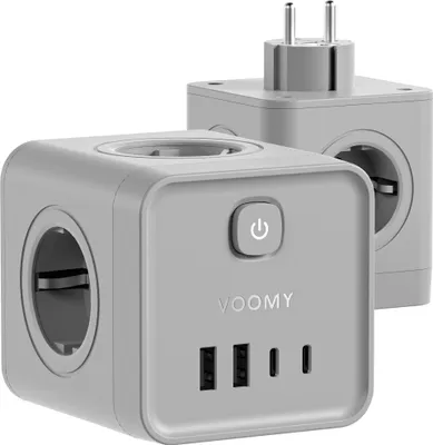 A close-up studio shot of a gray VOOMY 8-in-1 power strip with multiple outlets and USB ports.