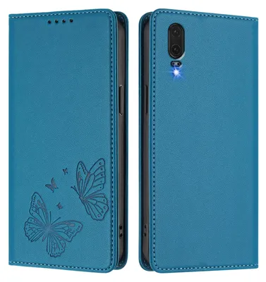 Produktbild von Lederhülle für Huawei P20, Schmetterling Prägung Leder Brieftasche Schutzhülle mit Ständer Blau