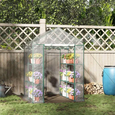 Obrázek produktu pro Folieový skleník Sweiko, zahradní domek, skleník na rajčata, pařník, záhon s 6 policemi, průhledný, ocelová konstrukce, PVC, rozměry 143 x 143 x 195 cm