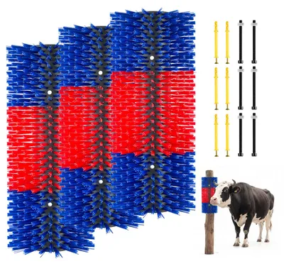 Produktbild von VEVOR Kratzbürste 43x19 cm, Viehbürste 3 Stk. inkl. 12 Schrauben, Rinderkratzer zur Linderung von Rückenjucken, Massage-& Pflege-Kratzwerkzeug für Pferde, Rinder, Schafe & Schweine, Blau&Rot