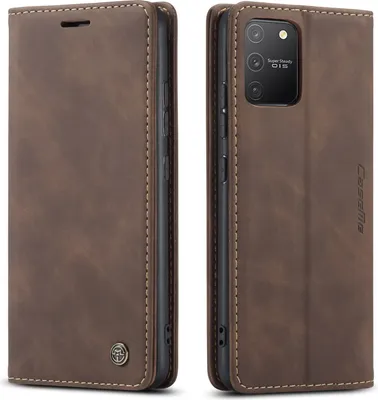 A brown leather-look phone case for a Samsung Galaxy S10 Lite, shown from two angles.