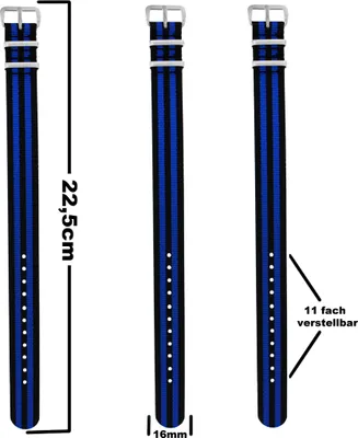 Produktbild von Pacific Time Uhrenarmband Wechselarmband Textil Nylon 16mm blau schwarz 10040