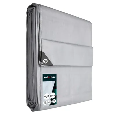 A folded silver tarp is shown against a white background.