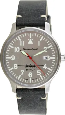 A close-up studio shot of a Messerschmitt pilot watch with a gray dial and a black leather strap.